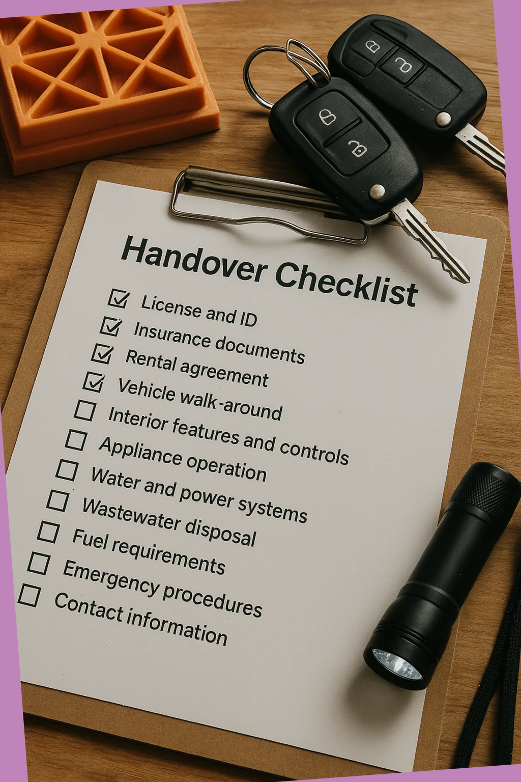 Handover checklist with keys, level blocks, and a small torch