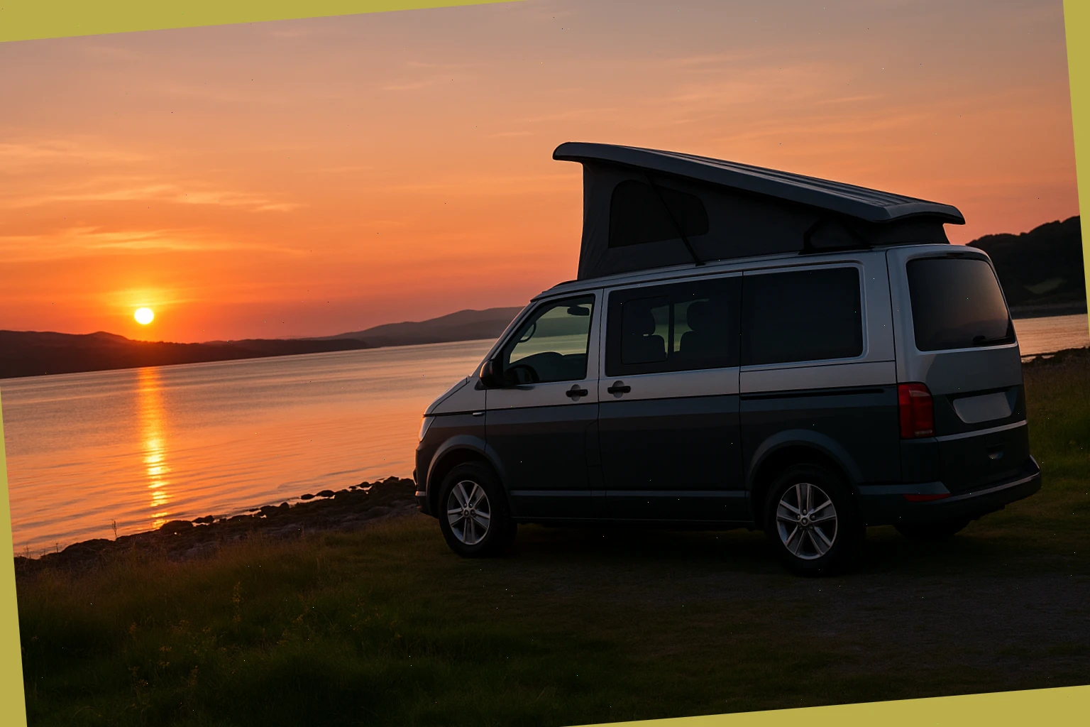 Campervan parked by a quiet bay at sunset in Lancashire