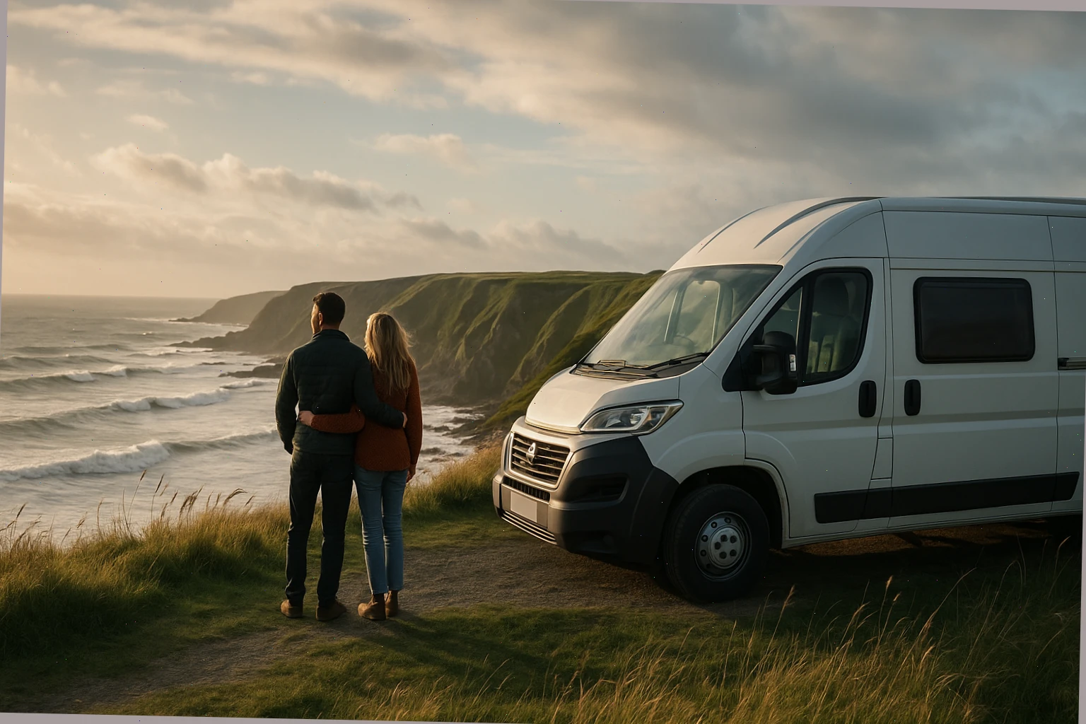 Couple by their campervan overlooking a breezy coastline